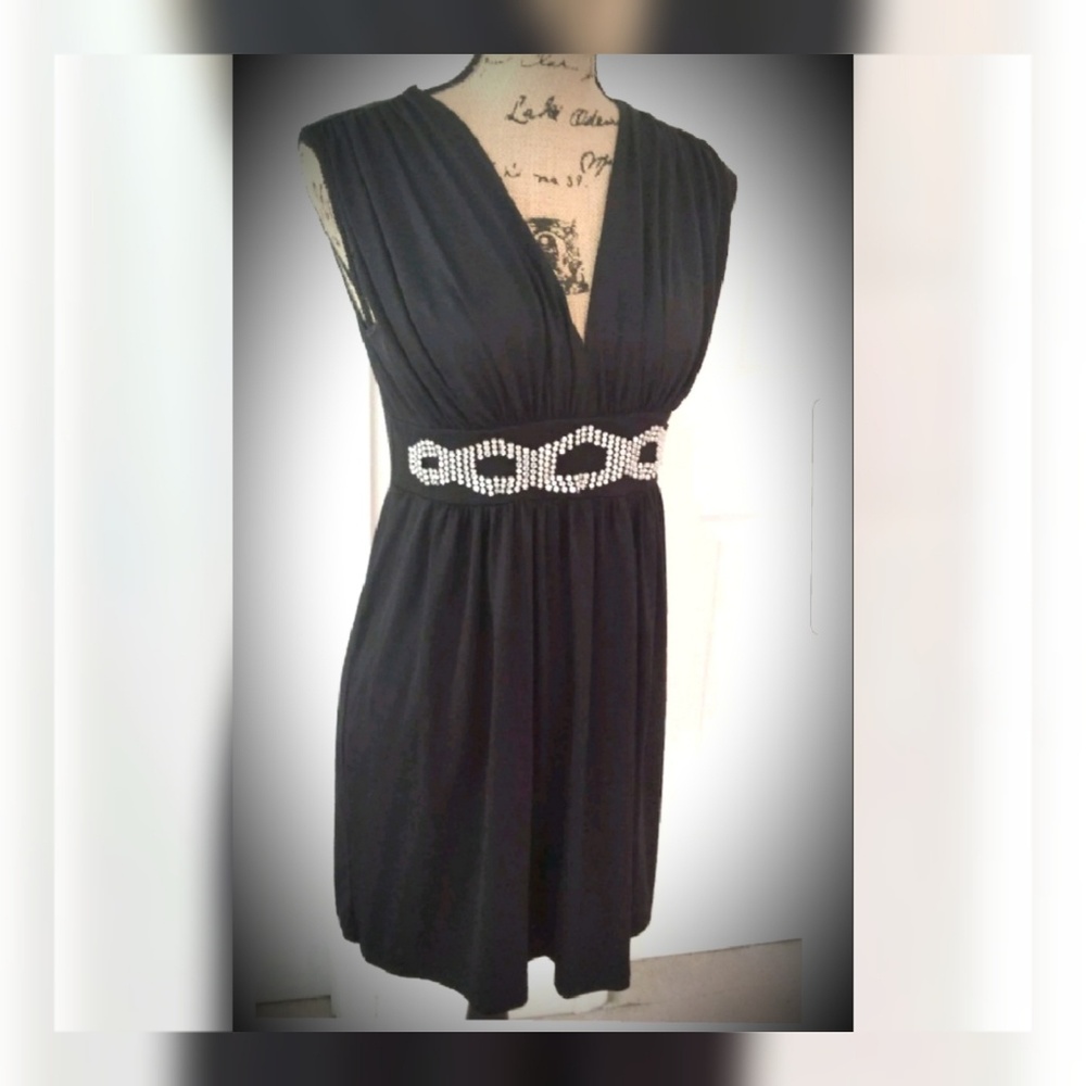 Black dress empire waist rhinestone trim Sm sexy